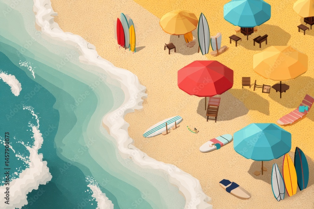 Poster summer beach with colorful umbrellas and surfboards inviting relaxation and fun by the waves generat