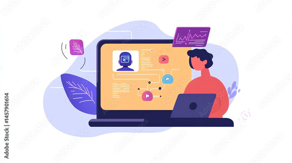 Poster ai, artificial intelligence, man uses laptop to access artificial intelligence tools for content cre