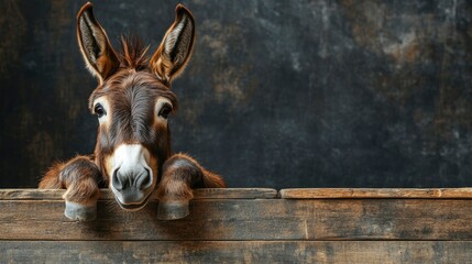 Curious Donkey Peeking Over Wooden Fence Against Rustic Background