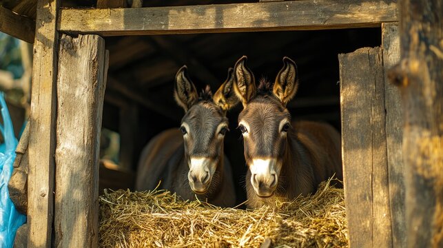Two Donkeys in a Rustic Wooden Shelter - Powered by Adobe