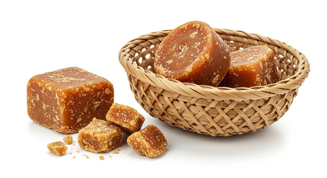 Jaggery Cubes and Palm Sugar in a Wicker Basket on White Background