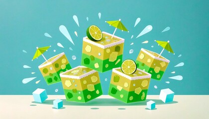 Obraz premium Playful Lime-Green Jello Spoons with Tequila Brown Cubes