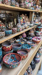 Decorative bowls are neatly arranged