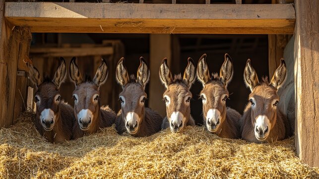 Five Donkeys Peeking from a Barn Stall