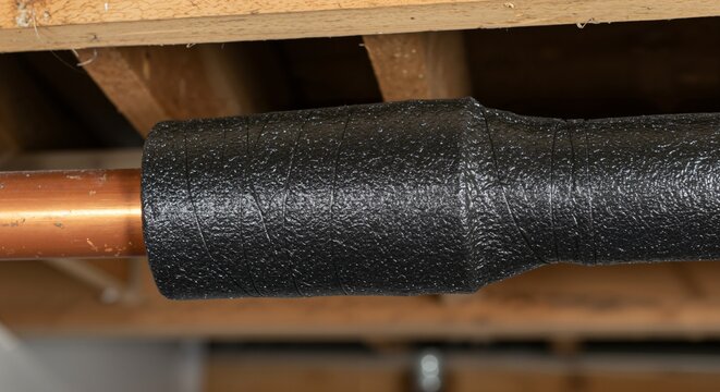 Close-up view of a copper water pipe insulated with black foam tubing, running horizontally under wooden floor joists in a residential basement or crawl space.
