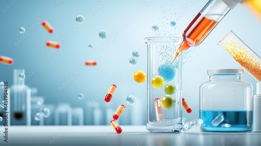 Poster colorful liquids and capsules in laboratory setup with pipette and beakers.