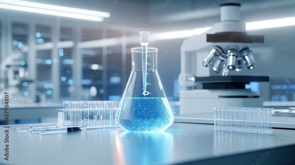 Poster a glowing laboratory setup featuring a volumetric flask and microscope.