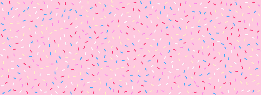 Colorful donut sprinkles seamless pattern. Strawberry candy cream background. Cake glaze icing overlay for decorative banner, poster, template. Cupcake or ice cream topping texture. Vector wallpaper