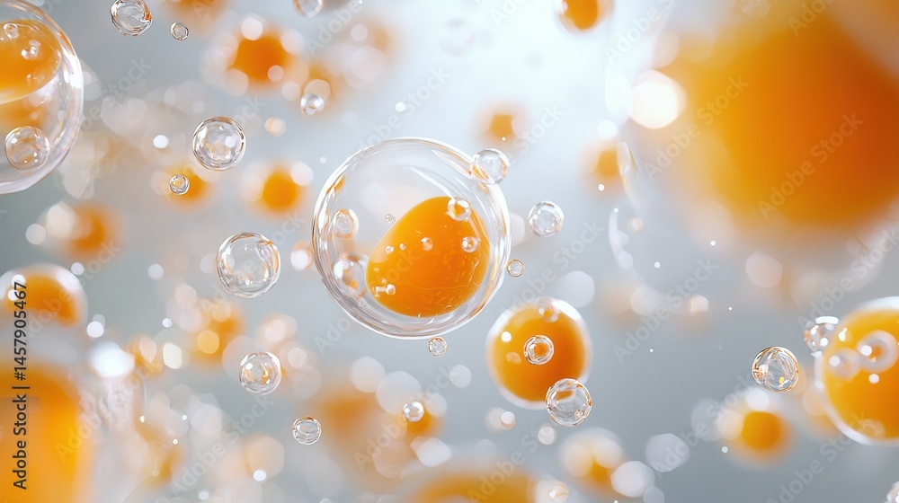 Poster abstract representation of floating orange spheres in bubbles, creating a vibrant mood.