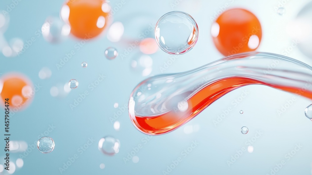 Poster abstract art with orange and clear droplets floating in a soft light backdrop.