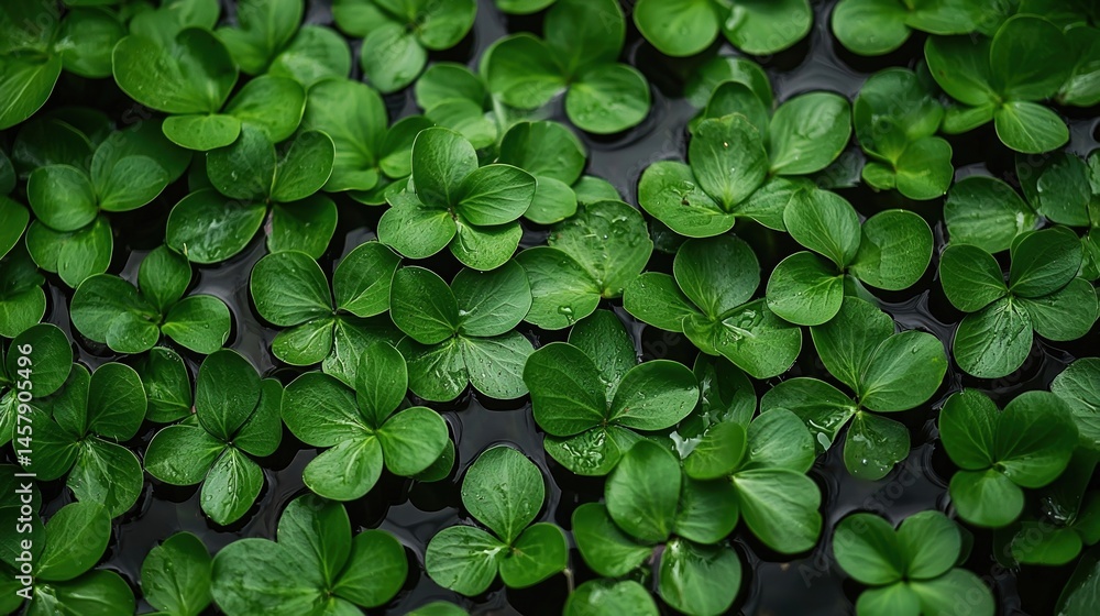 Poster vibrant green clover leaves float on water, creating a lush, natural pattern with a fresh and tranqu