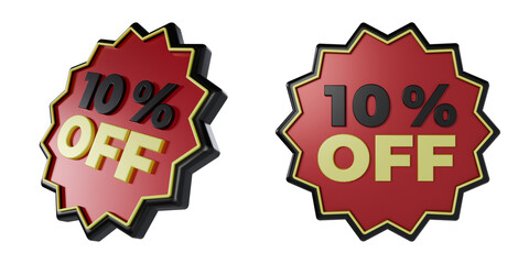 3d render sticker with 10 percent black, red and yellow. discount concept on black friday celebration day