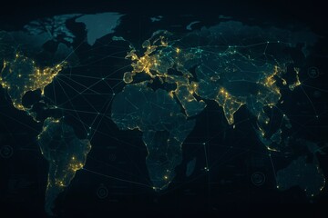 Mapamundi with glowing cities and connecting lines, ideal for technology, travel, business, global concepts, and educational designs.