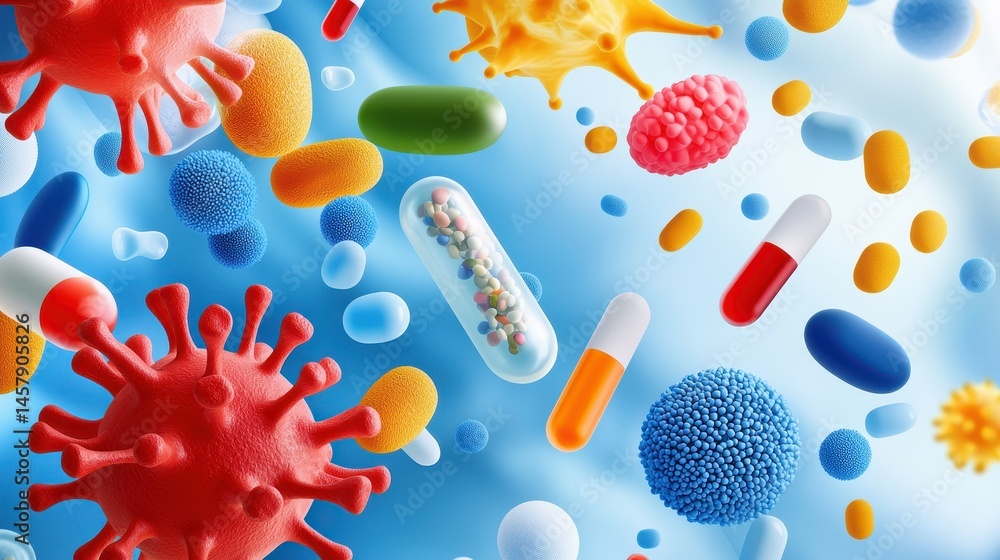 Poster colorful microscopic view of various bacteria and viruses with pills and microorganisms.