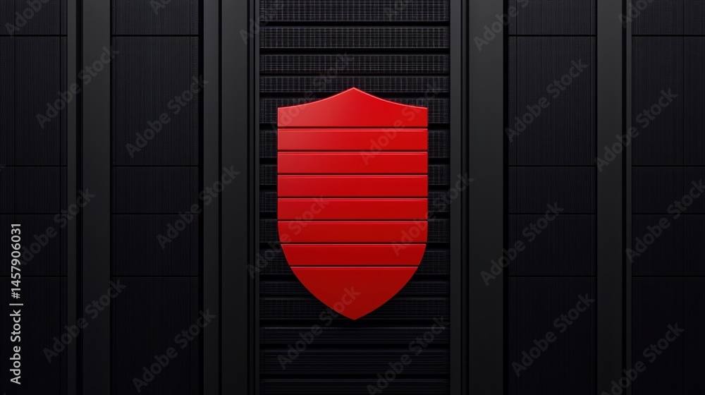 Poster a red shield symbol is displayed on the front of a black server rack, representing cybersecurity and