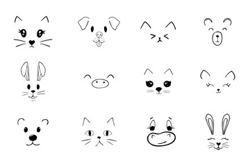 Cute animal faces, pet comic doodle with expressions. Set heads with delicious lick tongue, mouth, adorable emotions. Comic cartoon or kawaii fanny pet