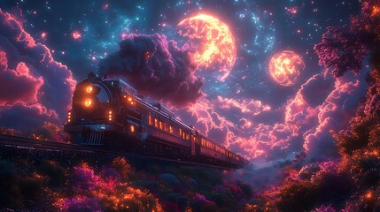 Cosmic inspired nature with glowing train ride high resolution backgrounds
