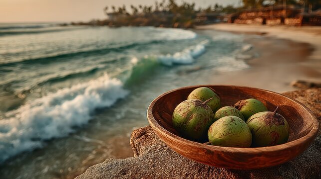 Fresh Coconuts in a Wooden Bowl by the Ocean Shoreline at Sunset