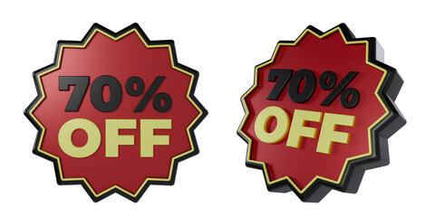 3d render sticker with 70 percent black, red and yellow. discount concept on black friday celebration day