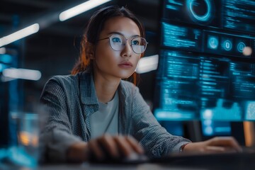 Focused Asian Woman Working on Cybersecurity System in Dark Office Surrounded by Data and Digital Screens