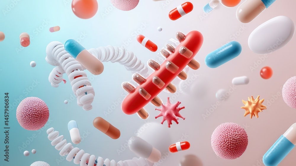 Poster abstract representation of various medications and bacteria in a colorful digital environment.