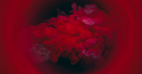 Mist art explosion. Fume blend. Bright red mystic haze mix color paint cloud splash flow on...