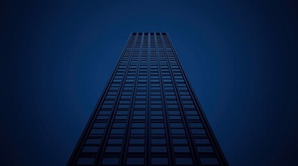 A tall skyscraper rises into a dark blue sky, viewed from a low angle, emphasizing its height and modern architecture.
