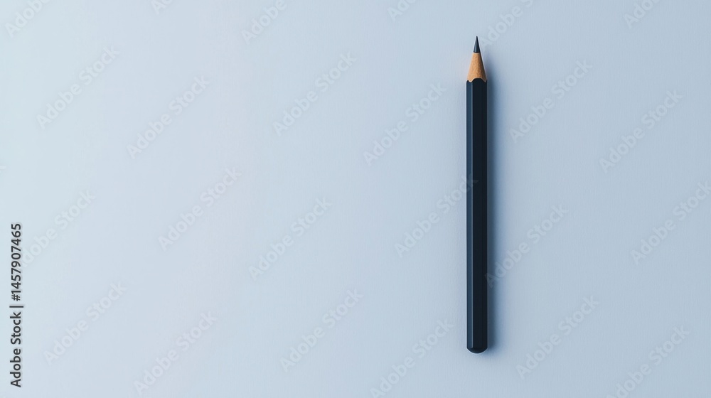 Poster a single black pencil placed vertically on a light blue background, creating a minimalist and clean 