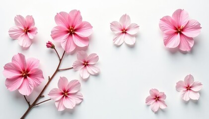 Fototapeta premium Delicate, scattered blossoms on white background, retro, fabric, pastel