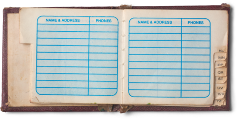 close-up of old worn out phone book lying open isolated white background, dark reddish brown textured leather cover and damaged frayed edges and yellowish pages, top view mock-up template