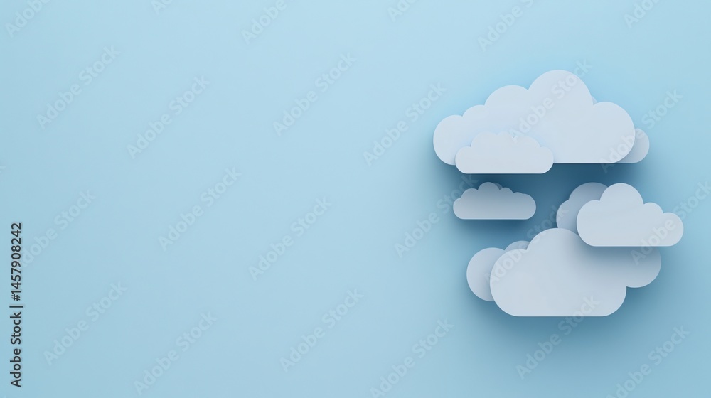 Poster minimalist blue background with layered paper-cut clouds clustered on the right side.