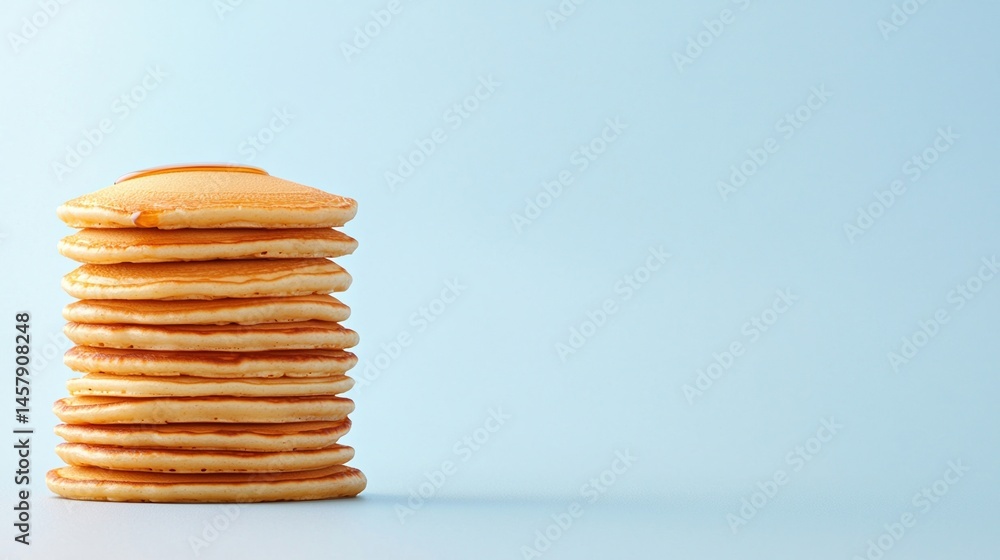 Poster a tall stack of golden pancakes is placed on a light blue background with plenty of empty space.