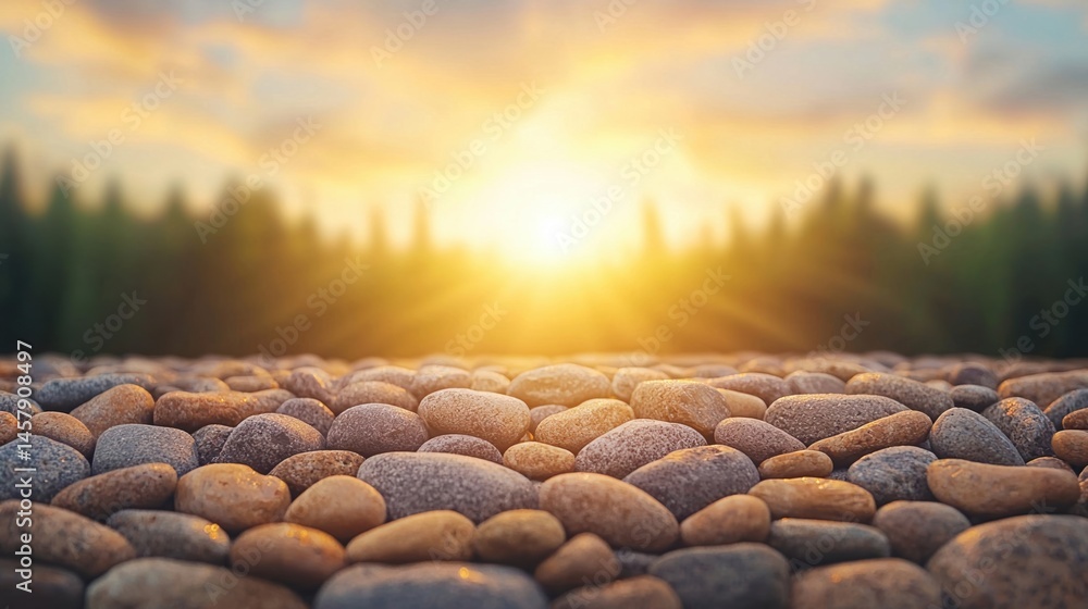 Poster smooth pebbles on the ground with a bright sunrise and blurred trees in the background, creating a p