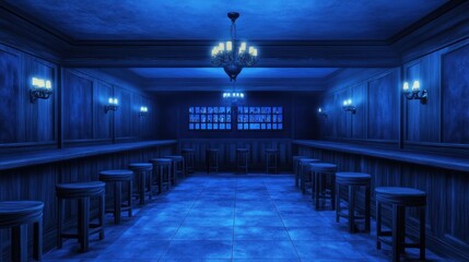 Fototapeta premium Empty blue lit bar interior at night