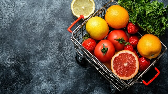 Fresh Produce in Mini Shopping Cart on Dark Background