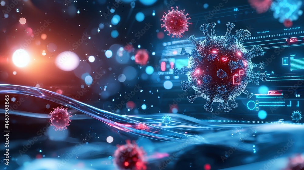 Poster dynamic digital representation of viruses in a high-tech environment.