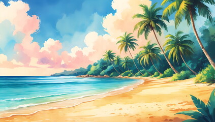 Obraz premium Lively Tropical Beach with Palm Trees and Clear Blue Water