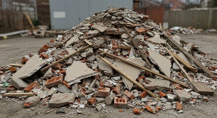 Large pile of mixed construction and demolition rubble consisting of broken bricks, concrete slabs, plasterboard, and wooden debris