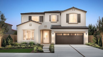 Modern two story suburban home exterior at dusk
