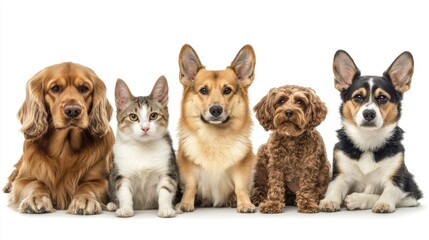 Fototapeta premium Adorable Group of Pets Dog, Cat, and Puppies Sitting Together