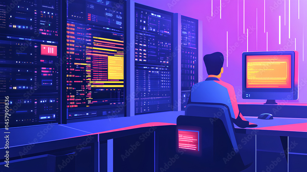 Poster high-tech data center server control: it specialist administrator working on computer, screen showin