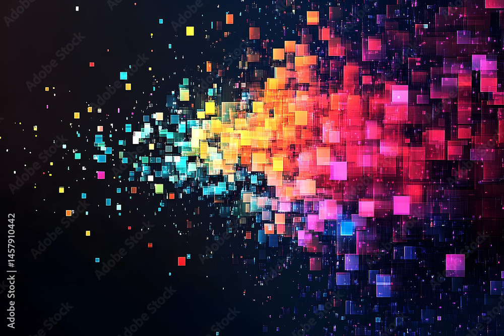 Poster colorful digital cubes explode in vibrant array.