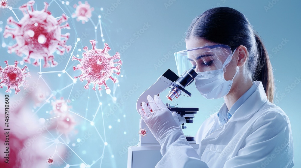 Poster female scientist examining virus cells under a microscope in a lab setting.
