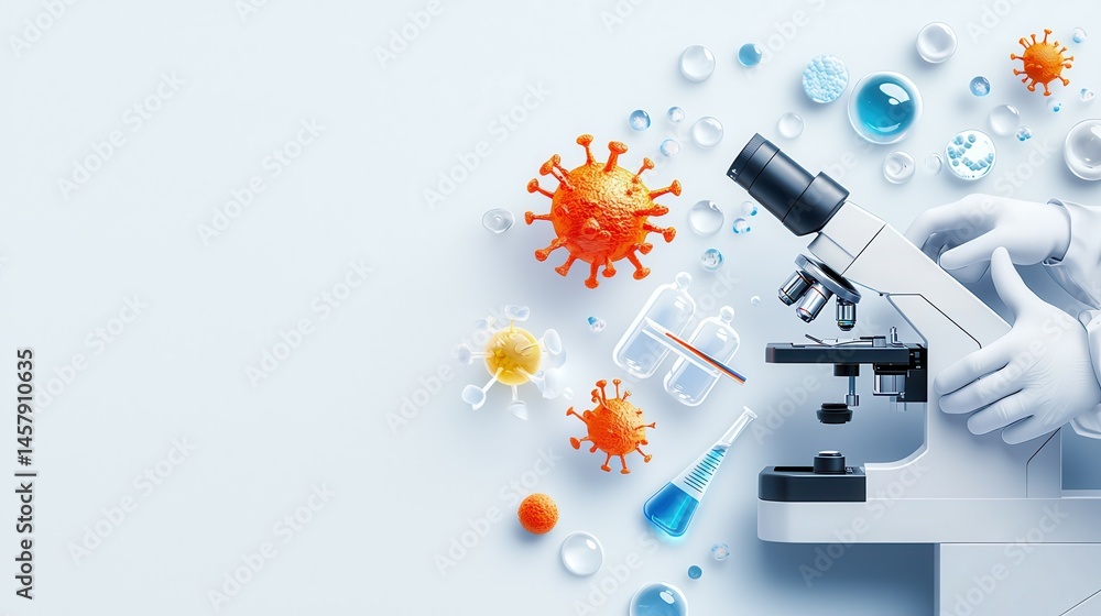 Poster laboratory setting with a microscope, gloves, and various scientific elements on a light background.