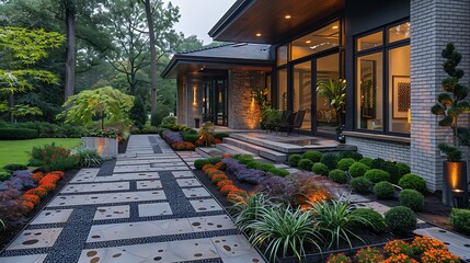 Obraz premium Elegant home with low-maintenance ornamental front yard garden high resolution image