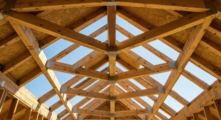 Detailed view of a newly constructed wooden roof truss system, showcasing the intricate framework and structural supports against a clear blue sky during the building process.