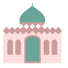 A stylized pastel pink and green mosque with a central dome, arched entrance, and diamond-patterned facade inspired by Islamic architecture.