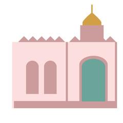 A stylized pink mosque with a gold dome and green arched entrance, featuring zigzag roof details and symmetrical window arches.
