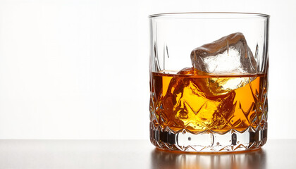 Whiskey with ice cubes in crystal glass on light background
