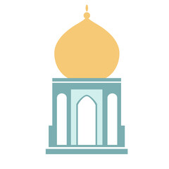 A stylized golden dome atop a light blue building with arched entrances, reflecting Islamic architectural elegance and cultural significance.
